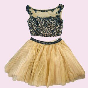 Sherri Hill two-piece Prom, Pageant, or Cocktail Dress, Nude with Blue Beading